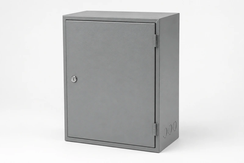 Grey powder-coated welded steel motor control panel enclosure with hinged front door, key-lock latch, and three side cable knockouts