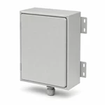Light gray powder-coated 5G base station equipment housing with mounting brackets and cable gland