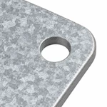 Close-up of a round corner mounting hole on a galvanized agricultural equipment guard panel