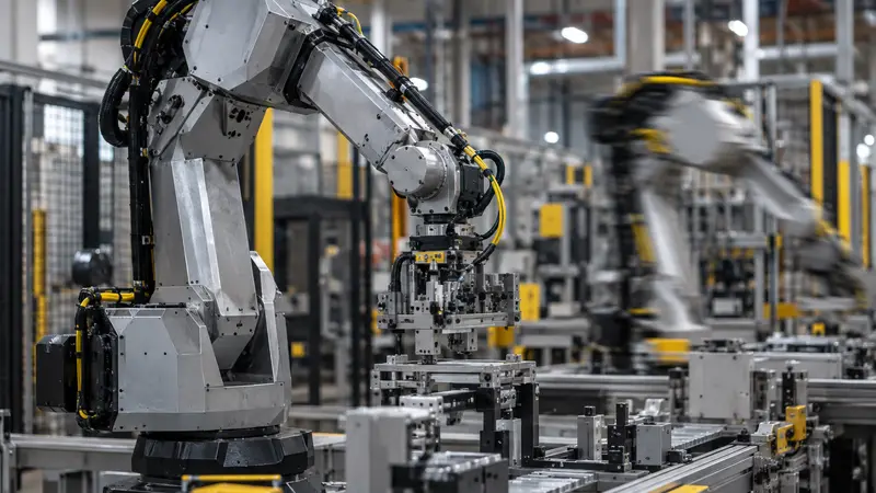 Close-up of an industrial robotic arm sheet metal joint housing with yellow safety accents