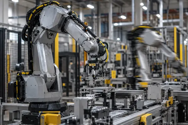 Close-up of an industrial robotic arm sheet metal joint housing with yellow safety accents