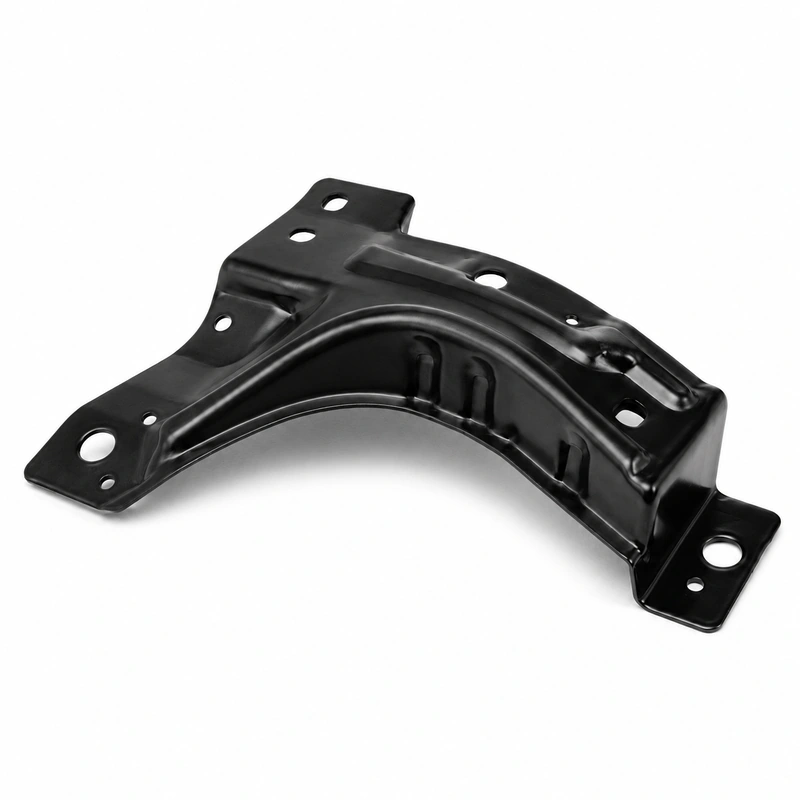 Matte black formed steel automotive bumper support bracket with curved profile, reinforcement ribs, and mounting holes