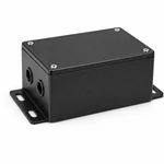 Black powder-coated automotive control box housing with screw-fastened lid, side cable cutouts, and slotted base mounting tabs