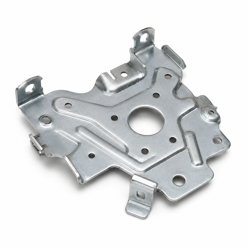 Zinc-plated automotive stamped steel component with embossed ribs, punched holes, and formed mounting tabs