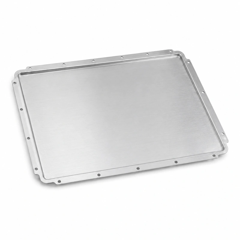 Brushed aluminum EV battery enclosure panel with formed perimeter flange and evenly spaced mounting holes