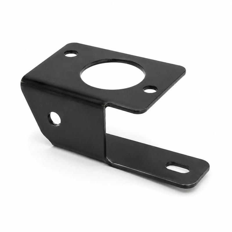Matte black formed steel automotive sensor mounting bracket with large sensor opening and precision mounting holes