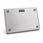 Brushed aluminum battery enclosure access panel with flush fasteners and ventilation slots