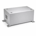 Brushed aluminum battery enclosure housing with top access panel, flush quarter-turn latches, ventilation slot, and base mounting brackets