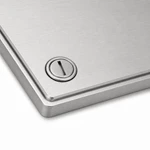 Close-up of flush quarter-turn latch on brushed aluminum battery enclosure access panel
