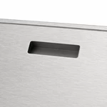 Close-up of rectangular ventilation slot on brushed aluminum battery enclosure access panel