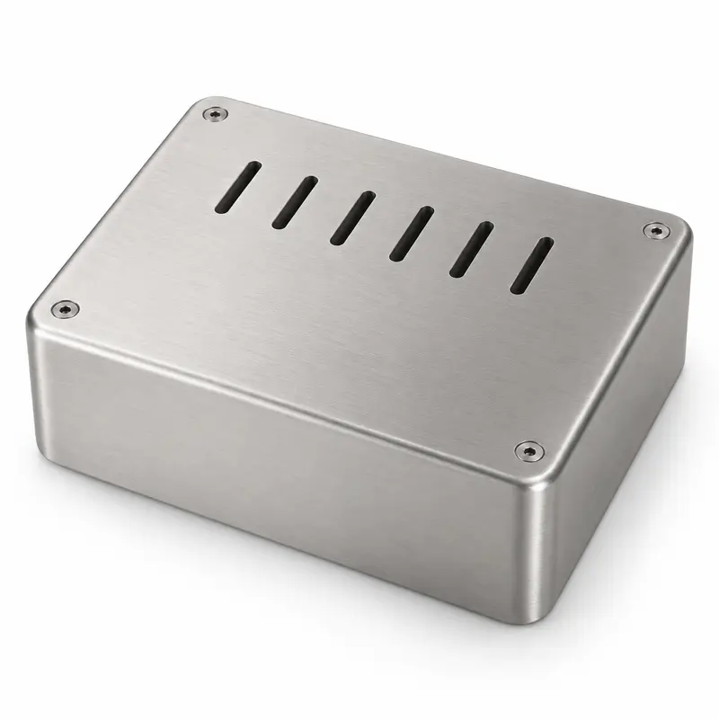 Brushed stainless steel cleanroom equipment enclosure with six linear ventilation slots