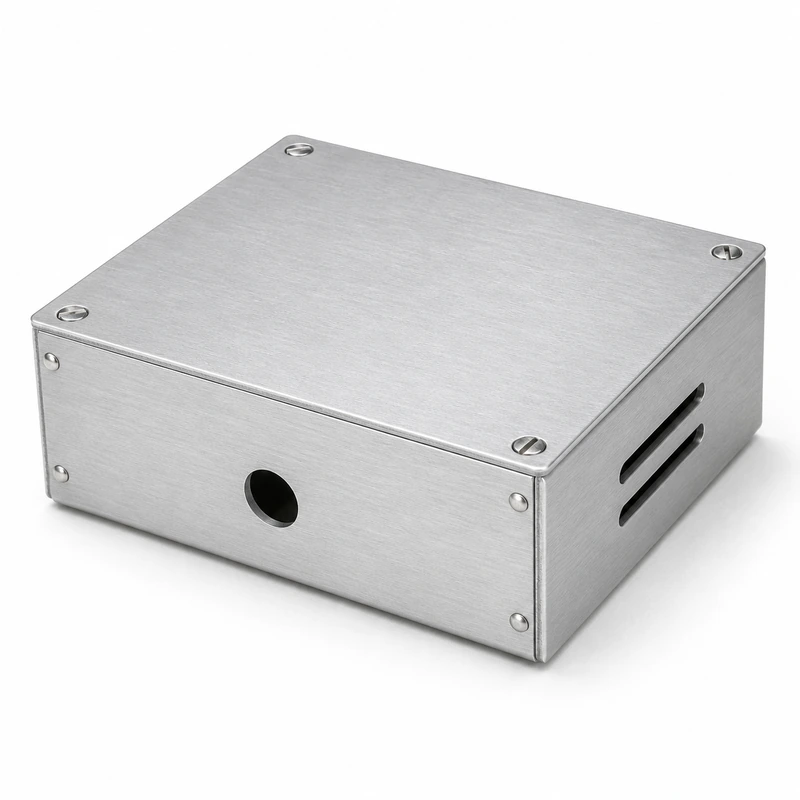 Custom aluminum instrument enclosure with removable lid, front circular cutout and side ventilation slots