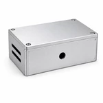 Mill-finish aluminum instrument enclosure with removable screw-fastened lid, side ventilation slots, and front circular cutout