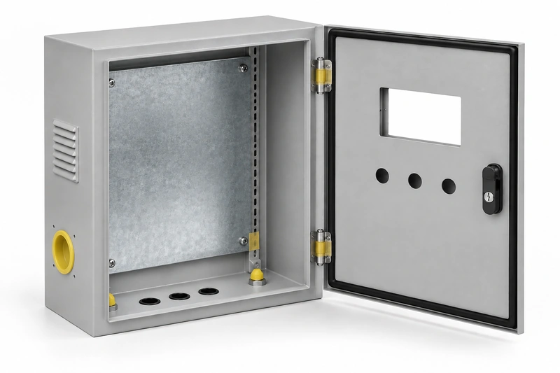 Custom sheet metal electrical control cabinet with open door, internal mounting plate and masking protection before finishing