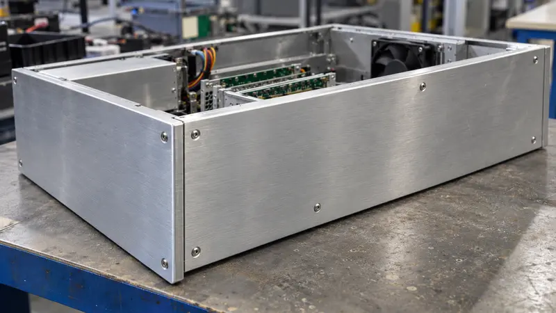 Empty brushed aluminum electronics enclosure and populated PCBA circuit board side by side on an assembly workbench