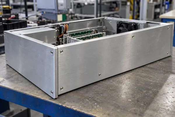 Empty brushed aluminum electronics enclosure and populated PCBA circuit board side by side on an assembly workbench