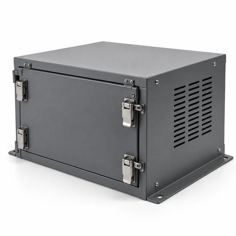 Dark grey powder-coated welded steel battery enclosure with hinged access door, metal latches, base mounting flanges, and evenly spaced side ventilation slots