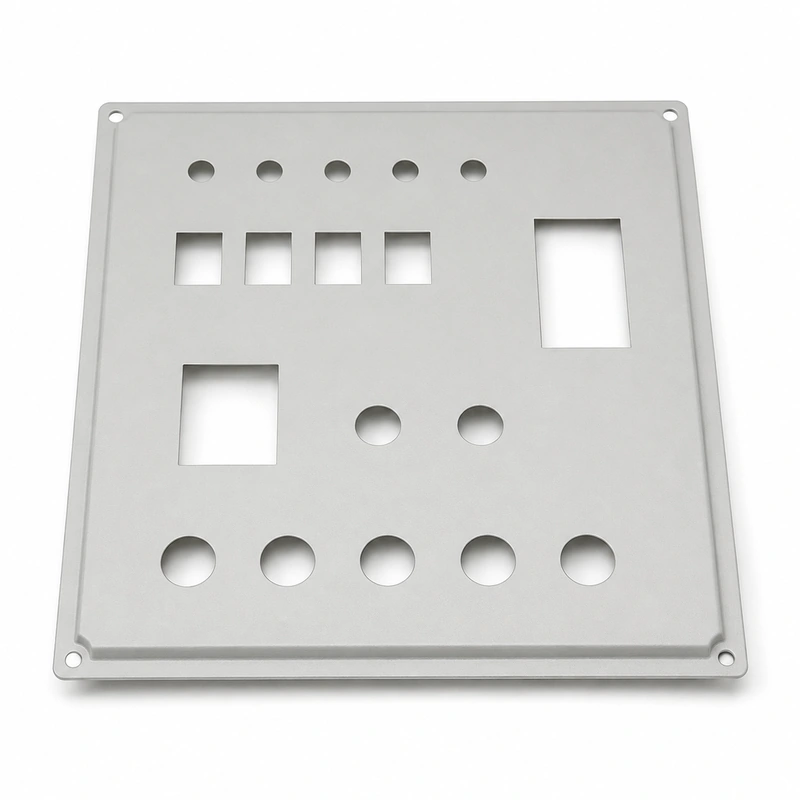 Light grey powder-coated power cabinet panel with laser-cut rectangular and circular openings and corner mounting holes