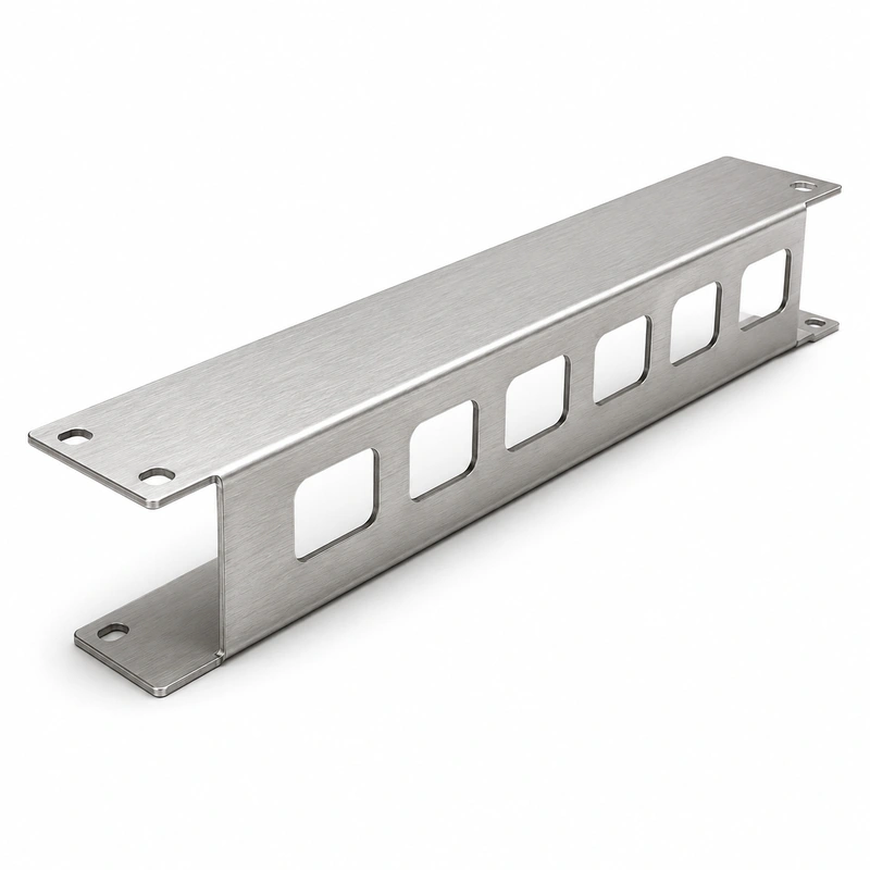 Brushed stainless steel cable management bracket with rounded rectangular routing slots and formed mounting flanges