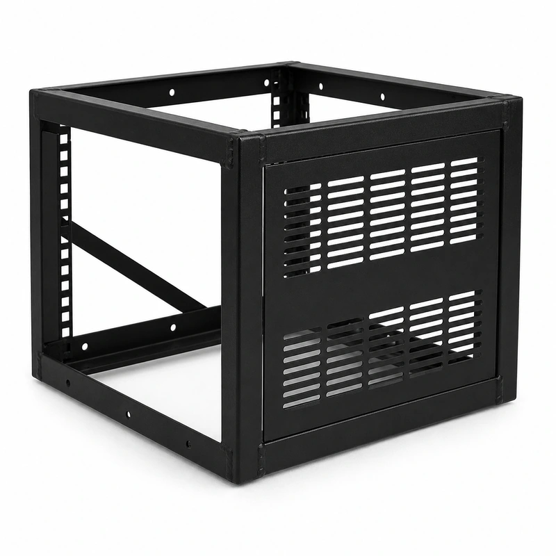 Matte black welded steel ventilated equipment rack with open frame construction, cross-bracing, and linear ventilation slots