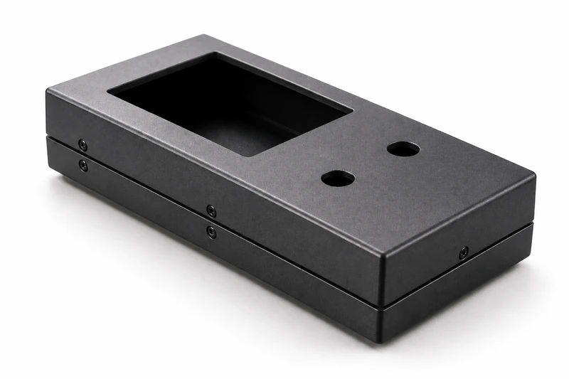 Matte black handheld diagnostic device sheet metal enclosure with display window cutout, two button holes, visible seam line, and fastening screws