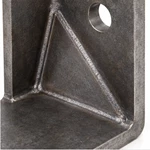 Close-up of heavy-duty post mounting bracket gusset rib and smooth continuous weld line