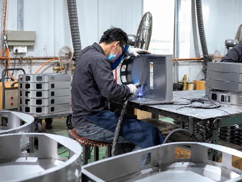 Sheet metal worker welding a custom metal enclosure in a fabrication workshop