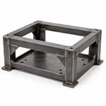 Heavy-duty welded steel industrial equipment base frame with reinforced gussets and mounting holes