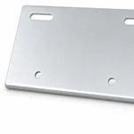 Close-up of round bolt holes on zinc-plated license plate mounting plate with uniform silvery finish