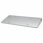Side profile of zinc-plated license plate mounting plate showing sharp 90-degree bend and material thickness