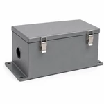 Matte gray sheet metal junction box enclosure with hinged lid, two latch clips, mounting tabs, and side cable knockout