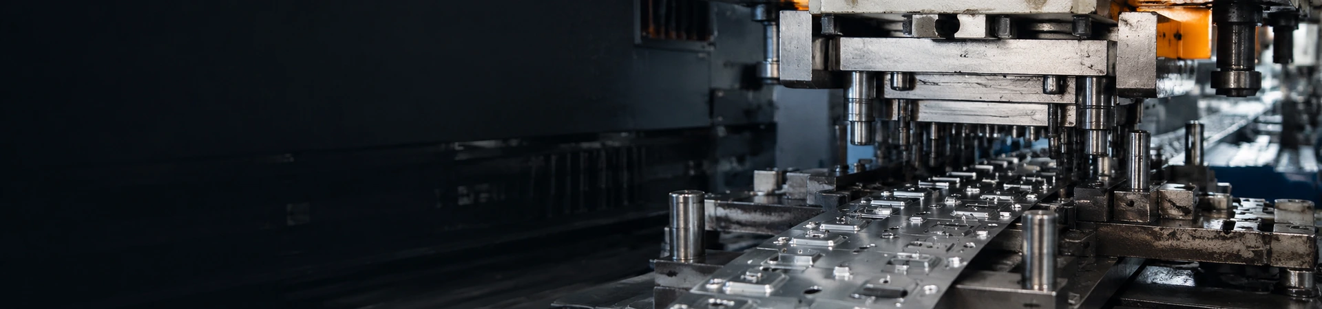 Metal stamping production line forming precision sheet metal parts with industrial press tooling