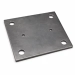 Raw carbon steel motor mounting plate with four corner bolt holes and two smaller alignment holes