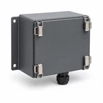 Dark gray NEMA-rated waterproof sheet metal enclosure with corner latches, mounting flanges, and bottom cable gland