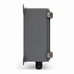 Side view of NEMA waterproof enclosure showing external mounting flange with round hole