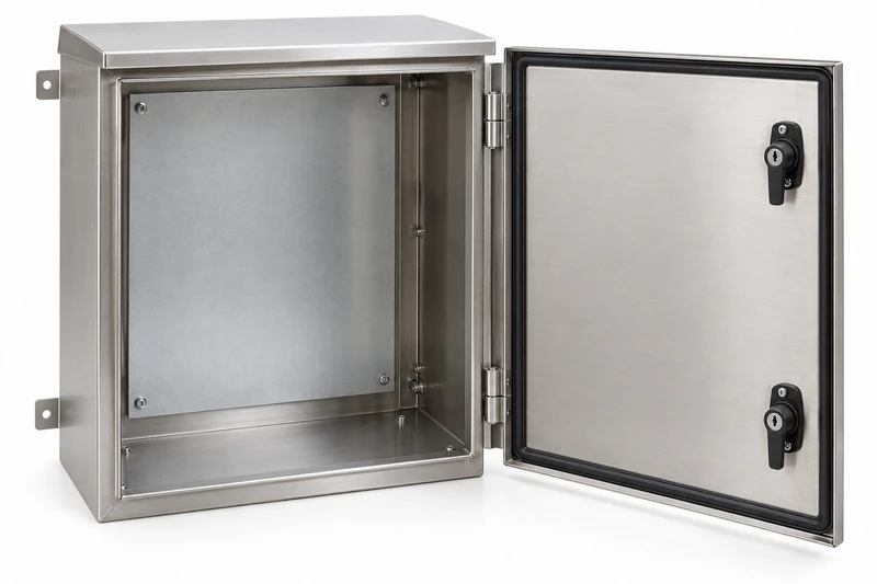 Custom outdoor stainless steel electrical enclosure with gasketed door, dual latches, hinges, and internal mounting plate