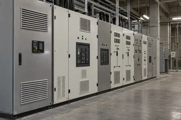 Energy & Power technician inspecting industrial switchgear cabinets in a power equipment manufacturing facility