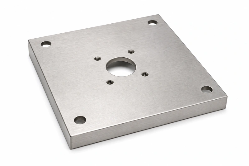 Brushed stainless steel robotic arm base mounting plate with four corner mounting holes, center bore, and four inner threaded holes