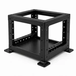 Black welded steel robotic control system chassis with open frame and mounting feet