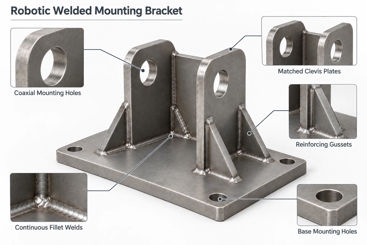 Post-weld inspection diagram of a robotic welded mounting bracket showing mounting holes, gussets, welds, and functional interfaces