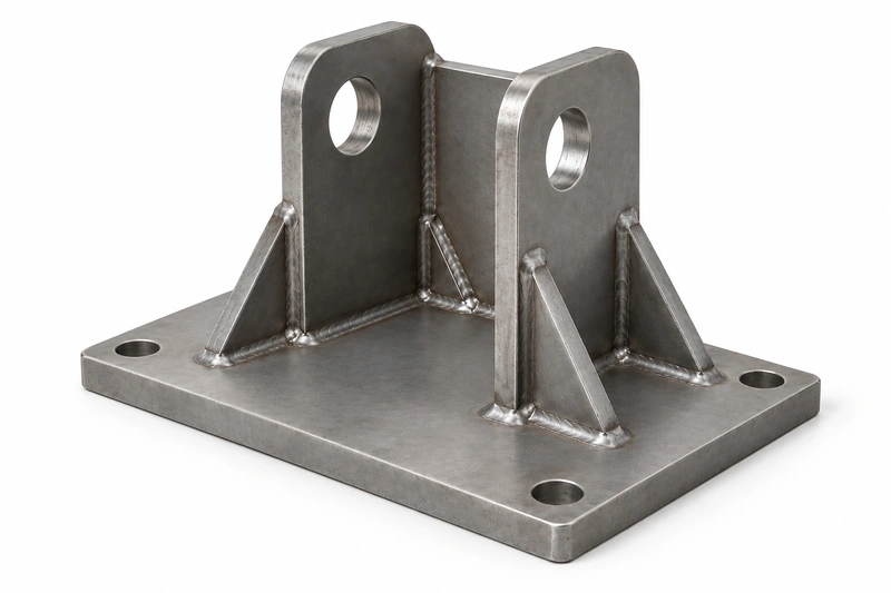 Robotic welded mounting bracket with gussets and coaxial mounting holes for industrial automation equipment