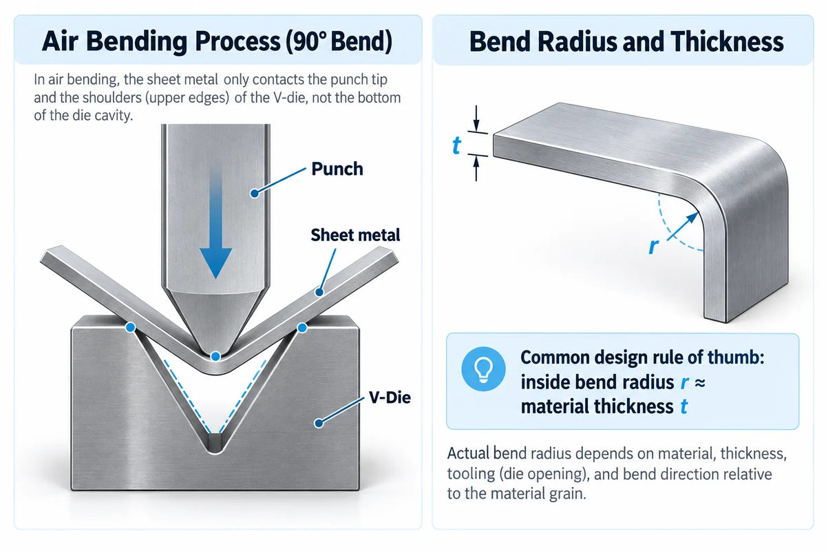 Air bending process showing punch, V-die, sheet metal thickness, and inside bend radius