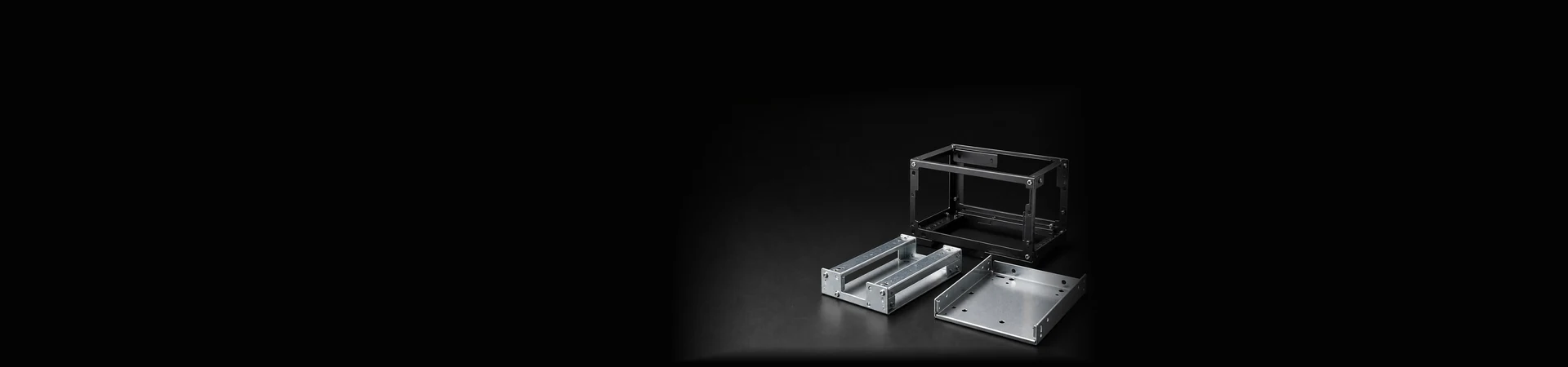 Custom sheet metal chassis frames and assemblies with mounting rails, trays and folded structural components