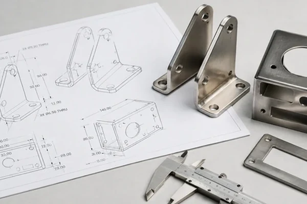 Sheet metal engineer reviewing CAD design and fabrication drawings for a custom sheet metal enclosure