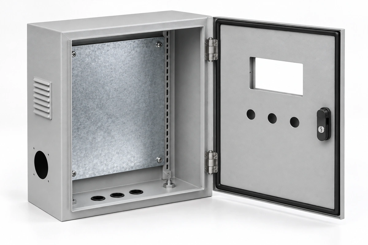 Open sheet metal electrical control cabinet showing interior mounting plate, door cutouts and industrial enclosure structure