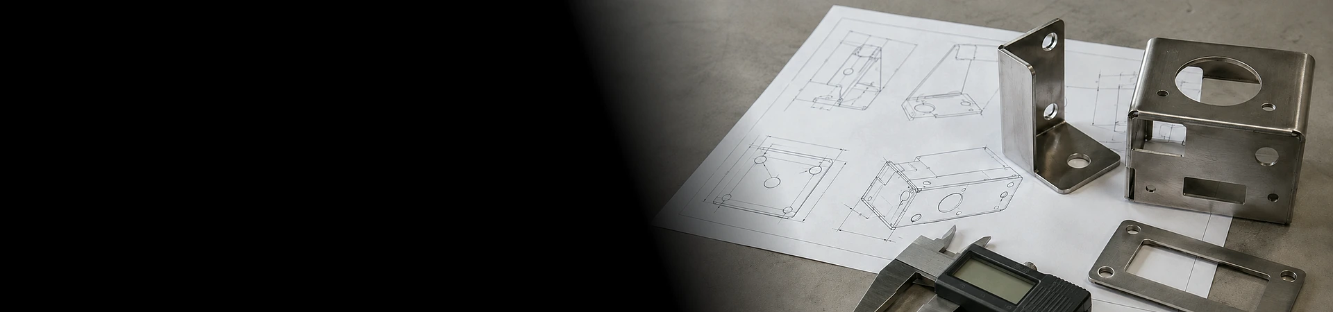 Sheet metal engineering drawings, digital caliper and fabricated metal samples for DFM review