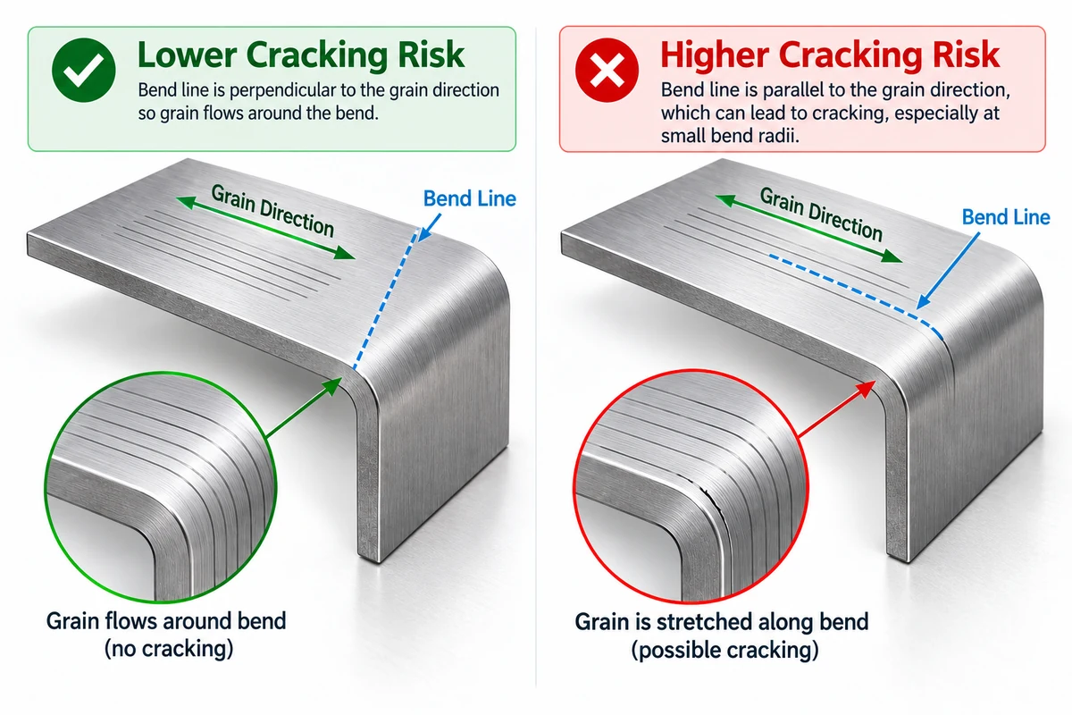 Sheet metal grain direction and bend line comparison showing lower and higher cracking risk