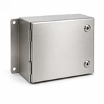 Brushed stainless steel electrical enclosure with hinged door, quarter-turn latches, and rear mounting flange