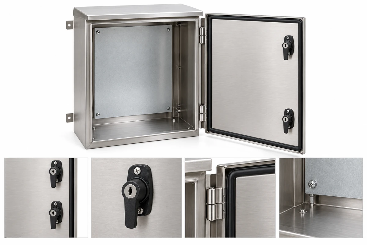 Stainless steel enclosure door sealing details showing gasket, dual latches, hinge, and mounting plate
