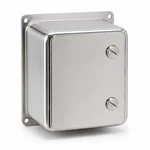 Polished stainless steel washdown enclosure with two quarter-turn latches and rear mounting flange